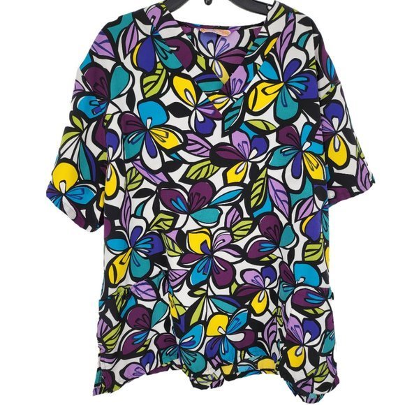 Vintage Scrub Top XL Bright Purple Floral Print Polyester‎ Pockets Silky V Neck - Picture 1 of 4